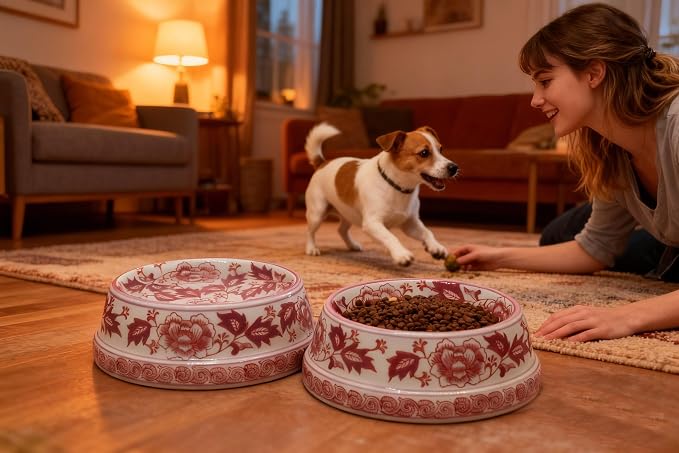 Aimusego 25 FL OZ / 3.2 Cups Handpainted Ceramic Dog Bowl, Purple and White Chinoiserie Floral Vintage Cute Heavy Duty Non-Slip Pet Feeding Dish for Medium Dogs-Dishwasher, Microwave Safe