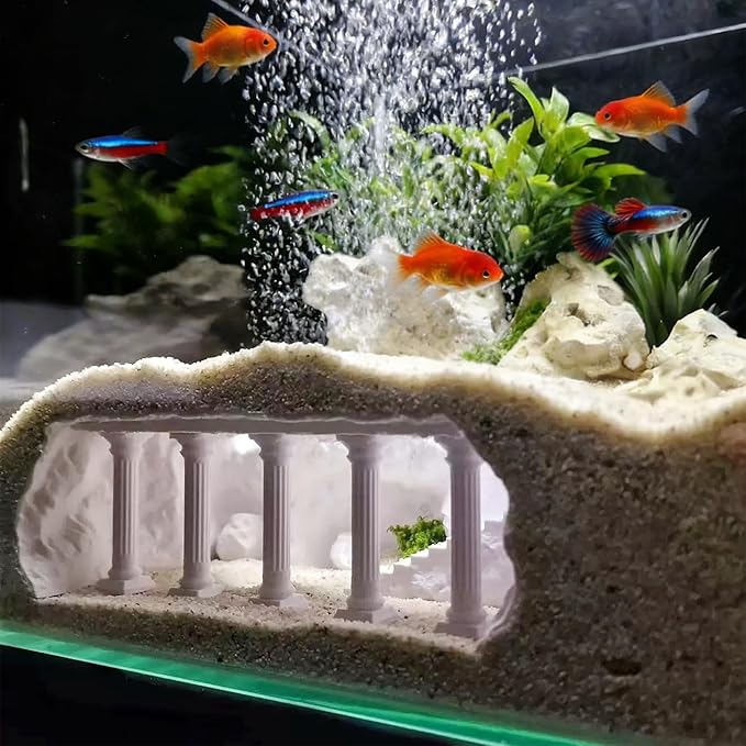 LIYAOLI Aquarium Ornaments Cave Tunnel with Viewing Ports | Fish Tank Decoration Hideout for Pleco, Shrimp & Corydoras | Substrate-Friendly Design & Sinking Base (S - Roman Columns - White)