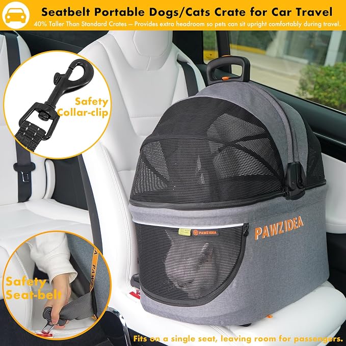 PAWZIDEA Portable Small Dog Crate for Car Travel Up to 33lbs, No-Zip Canopy | Enclosed Dog Car Seat Escape-Proof, Soft-Sided Small Medium Puppy Cats Car Kennel, Foldable Pet Carrier by Seatbelt, Top-Load