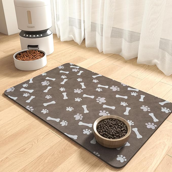 MontVoo Dog Food Mat-Pet Feeding Mat for Food and Water-No Stains Quick Dry Dispenser Cat Bowl Mat for Messy Drinkers(12"X19" Brown)