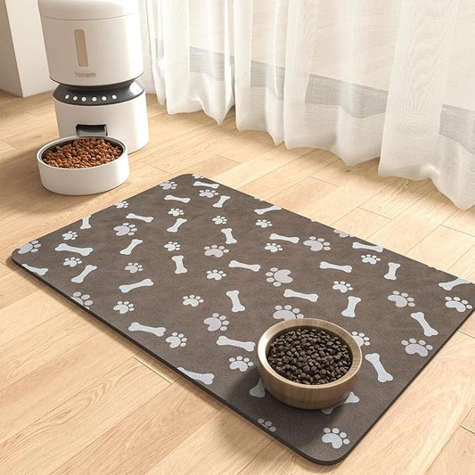 MontVoo Dog Food Mat-Pet Feeding Mat for Food and Water-No Stains Quick Dry Dispenser Cat Bowl Mat for Messy Drinkers(12"X19" Brown)