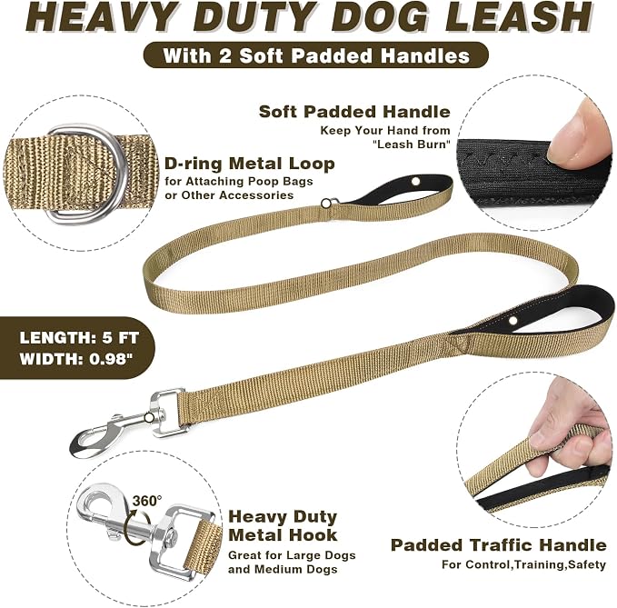 Service Dog Vest and Leash Set,Heavy Duty Tactical Dog Harness with Metal Buckles for Large Dogs,Adjustable No-Pull Dog Harness with 10 Patches,for Training Working,Brown XL
