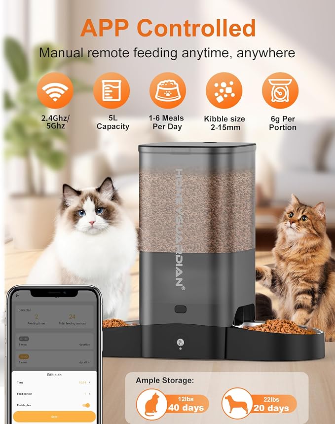 HoneyGuaridan 5L Automatic Cat Feeder for Two Cats, 2.4/5G WiFi Smart Feed Pet Feeder with Stainless Steel Bowl,APP Control Dispenser, Dual Power Supply,Desiccant Bag,10s Meal Call Black | Pet Feeder with Stainless Steel Bowl,APP Control Cat Food Dispe...