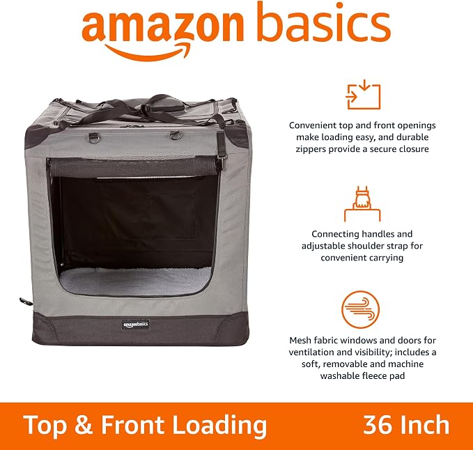 Amazon Basics Portable Folding Soft Pet Dog Crate Carrier Kennel for Large Dogs, Easy to Clean, 36 x 24 x 24 inches, Grey