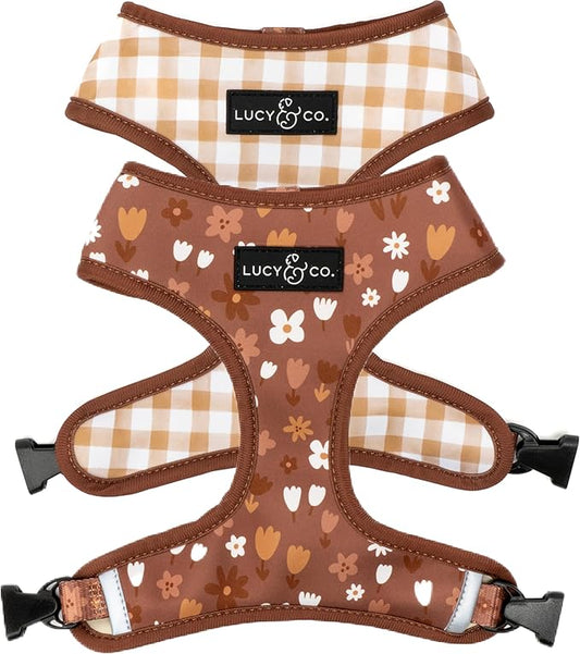 Lucy & Co. Reversible Dog Harness - Water-Repellent Neoprene, Dual-Print Design, Easy Swap Style, Adjustable Comfort Fit - Chocolate Meadows Reversible Harness - Large