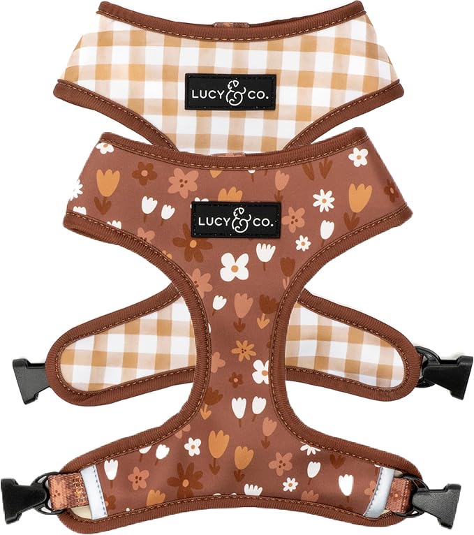 Lucy & Co. Reversible Dog Harness - Water-Repellent Neoprene, Dual-Print Design, Easy Swap Style, Adjustable Comfort Fit - Chocolate Meadows Reversible Harness - X-Large