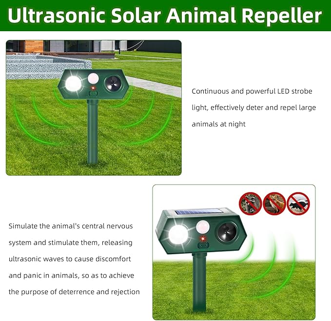 2 Pack Upgraded Solar Ultrasonic Animal Repellent Outdoor Sonic Deer Repellent Devices with Motion Sensor & Flashing Light Effective Cat, Squirrel, Raccoon, Rabbit Deterrent for Yard, Garden