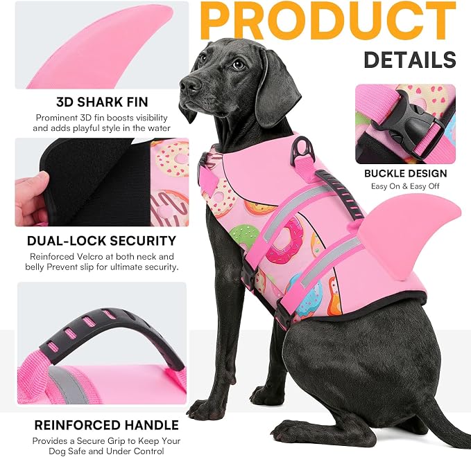 Dog Life Jacket, Dog Life Vest for Swimming, High Buoyancy Shark Swimming Safety Vest for Extra Large Dogs, Reflective Pet Lifesaver Preserver with Rescue Handle, Pink Donut 2XL
