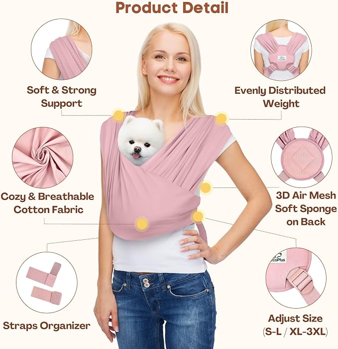 Small Dog Sling Carrier, Hands-Free, Light Pink, Regular | Patented Front Carrier Reduces Back and Neck Strain; Adjustable, Soft Cotton, 3D Air Mesh for Puppies & Cats up to 20 lb