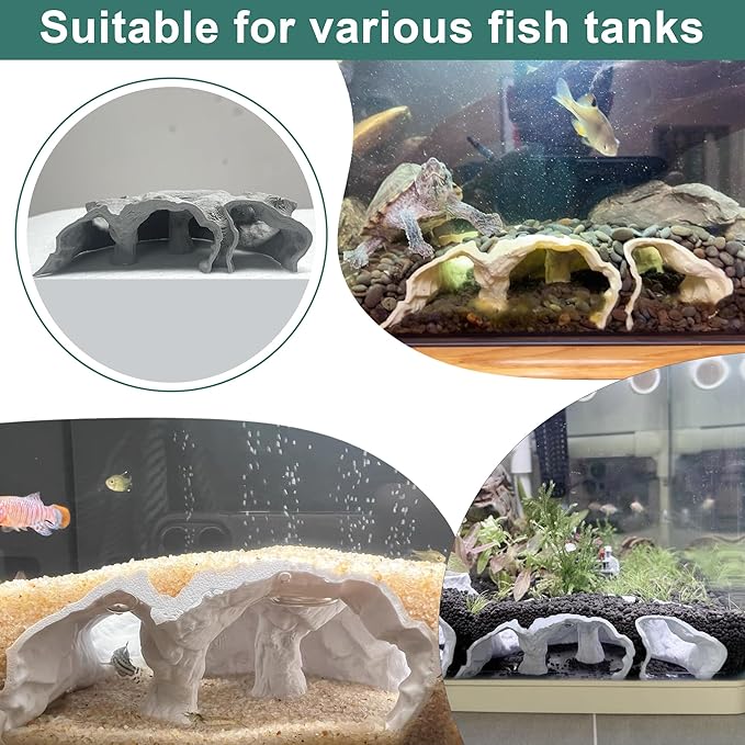 LIYAOLI Aquarium Cave Tunnel Hideout - 3D Printed Fish Tank Cave Decor for Pleco,Friendly Sinking Base Shrimp/Betta Fish Hideout for Aquarium with Viewing Ports (M - Grey)