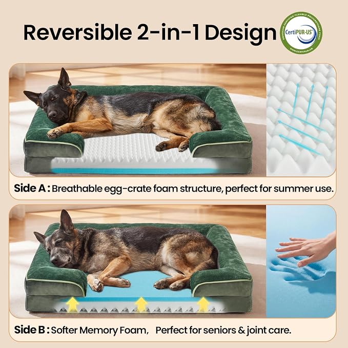 OhGeni Orthopedic Extra Large Dog Bed Couch, Memory Foam, 44-inch (Green) | Waterproof Pet Bed with Machine-Washable Removable Cover & Soft Comfortable Fabric