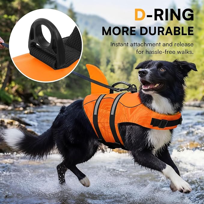 Dog Life Jacket High Flotation, Reflective Dog Life Vest for Swimming, Adjustable Dogs Life Preserver Rescue Handle Spring Summer Pool for Small, Medium, Large Dogs (OrangeLines,M)