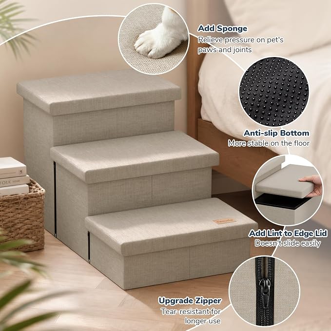 3-Step Wide Dog Stairs with Hidden Storage 18" H, Non-Slip Dog Steps for High Bed Couch Window Car, Jiont-Friendly Pet Stairs Ramp for Small/Medium/Large Old Dogs Cats Up to 220lbs, Beige