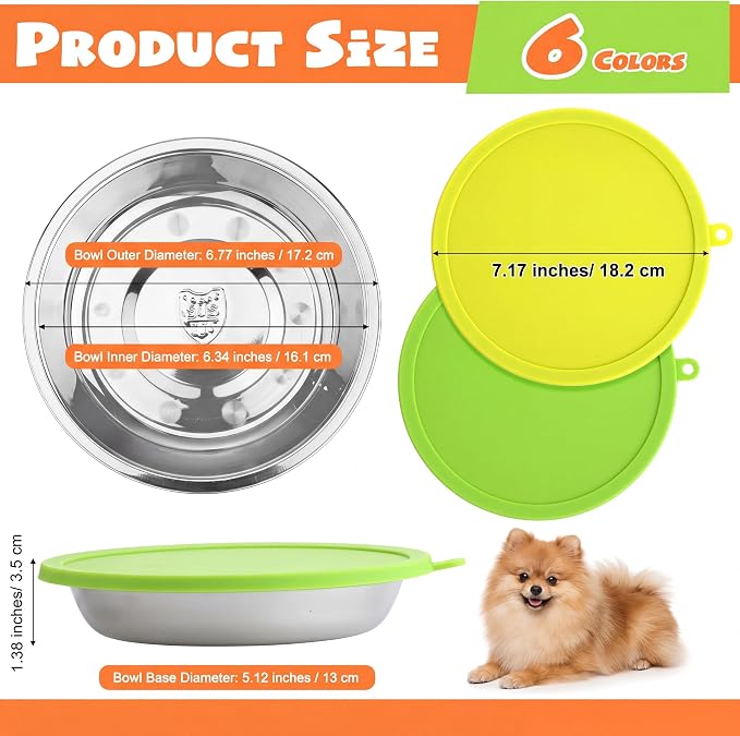 Patelai Stainless Steel Dog Bowls with Silicone Lids for 1.9 Cups Portable Food and Water Dishes for Pets Sealable Containers for 6.3" for Cats & Small Dogs(12 Pcs,Red,Blue,Green,Purple)