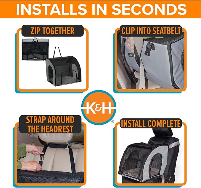 K&H Dog Car Seat, Travel Safety Carrier for Pets, Large, Gray/Black | Enclosed Car Seat for Dogs, Soft-Sided Covered Pet Carrier, Washable Pad, Multiple Entrances, Mesh Windows, 29.5x22x25.5in