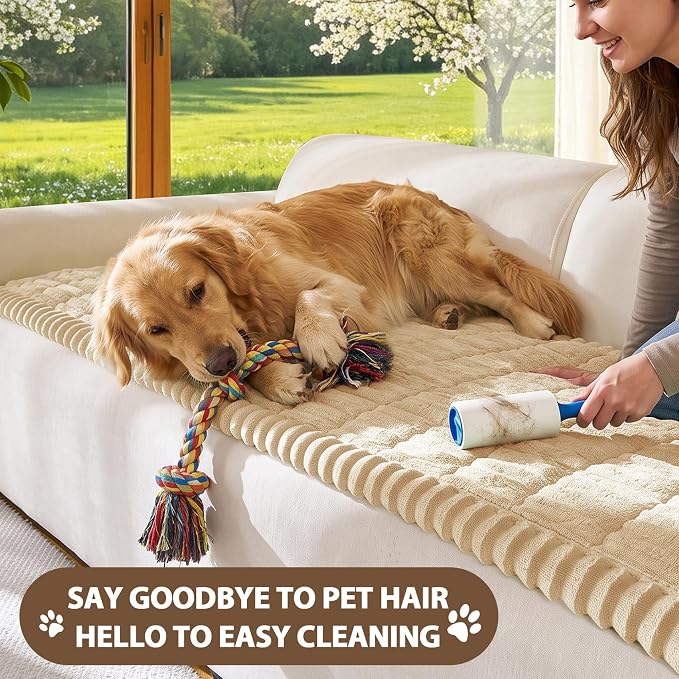 FUANGUI Waterproof Couch Cover Sofa Cover for Dogs and Pets Sofa Protector | Non-Slip Washable Fuzzy Soft Cat Bed Sofa Slipcover for 2-3 Cushion Couch Sofa Pet Friendly, Khaki, 27.6" x 82.7", 1 pcs
