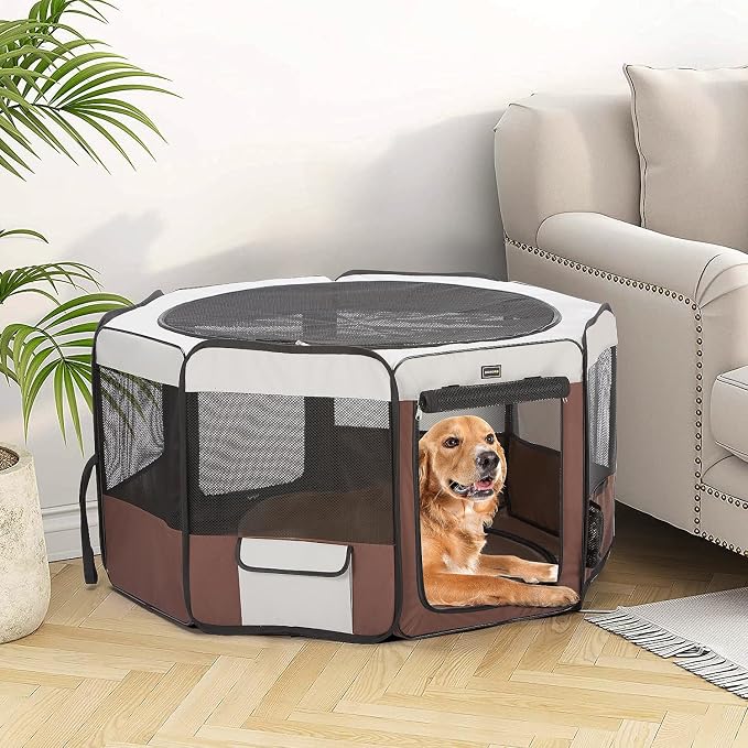 Dog Playpen 46" Portable Pet Play Pens for Small Medium Dogs, Foldable Exercise Kennel Tent Crate Indoor/Outdoor Travel Camping, Removable Top/Bottom (Brown, Large (46"x46"x23"), 8)