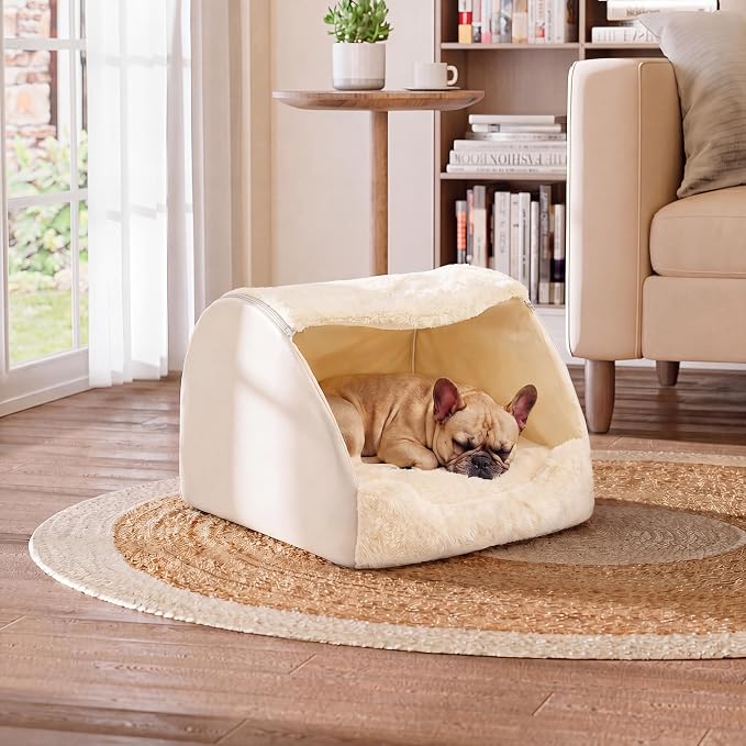 LATIBELL Indoor Puppy House Foldable Pet Tent Cave Bed ，White | Foldable Indoor Dog House With Removable Washable Soft Cushion, Covered Cave For Small Puppy
