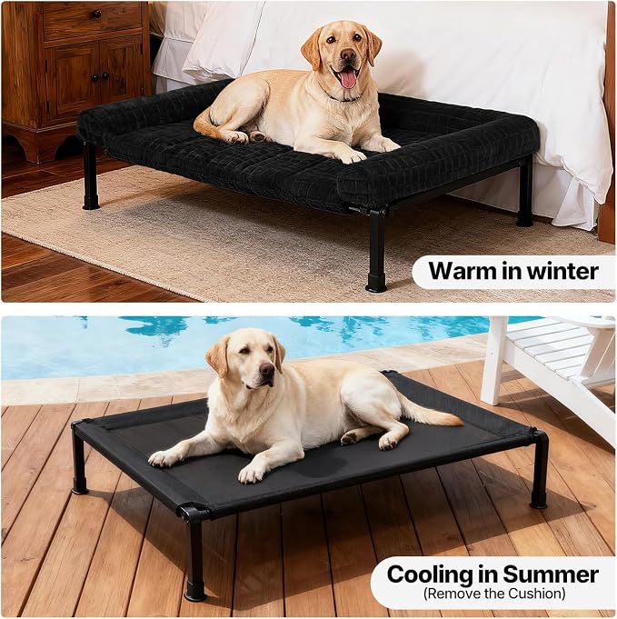 Veehoo Elevated Dog Bed with Fluffy Plush Bolster Cushion, Dog Couch Bed | Cooling Raised Dog Bed for Large Dogs, Washable Orthopedic Pet Cot with Removable Mat, Breathable Mesh, Non-Slip, 42", Black