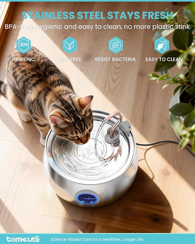 Tomxcute Stainless Steel Cat Water Fountain - 4.0L/135oz Copper Gooseneck - Ultra-Quiet Cat Fountains for Drinking - Dishwasher Safe - Indoor Pet Fountain for Cats, Terriers, Multiple Pets | Ultra Quiet Pump, Copper Gooseneck, Dishwasher Safe, Cat Foun...