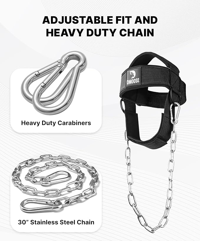 DMoose Fitness Neck Harness for Weight Lifting - Soft Padded Head & Chin Strap with 30" Heavy Duty Steel Chain - Neck Exerciser, Trainer & Strengthener to Support Injury Recovery and Intense Workouts