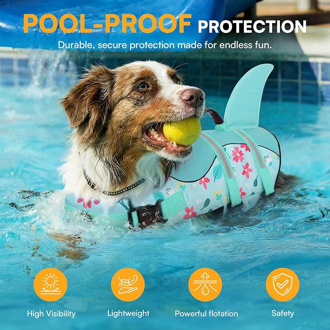 Dog Life Jacket, Dog Life Vest for Swimming, Doggie Shark Swimming Vest with Rescue Handle, Adjustable Reflective Pet Lifesaver Preserver for Small Dogs, Blue Flower S