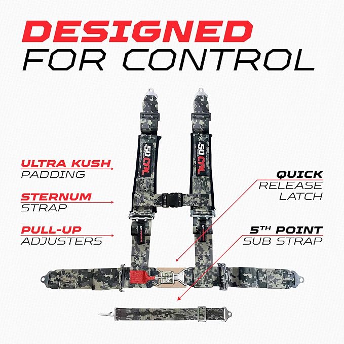 1pc 50 Cal Camo 5 Point Harness w/ 2" straps, Racing Harness Seat Belt | Ultra Kush padding, Race latch quick release hardware. Universal Fit for UTV, RZR, race car. Part# 6009A7