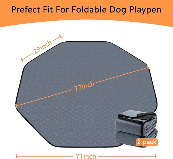 Bunlitent Washable Pee Pads for Dogs, 2 Pack, 71'' Diagonal Octagon, Grey | Designed for 24'' Width 8 Panels Dog Playpen, Non-Slip, Super Absorbent, Reusable, Waterproof, For Dog Playpen, Crate, Car