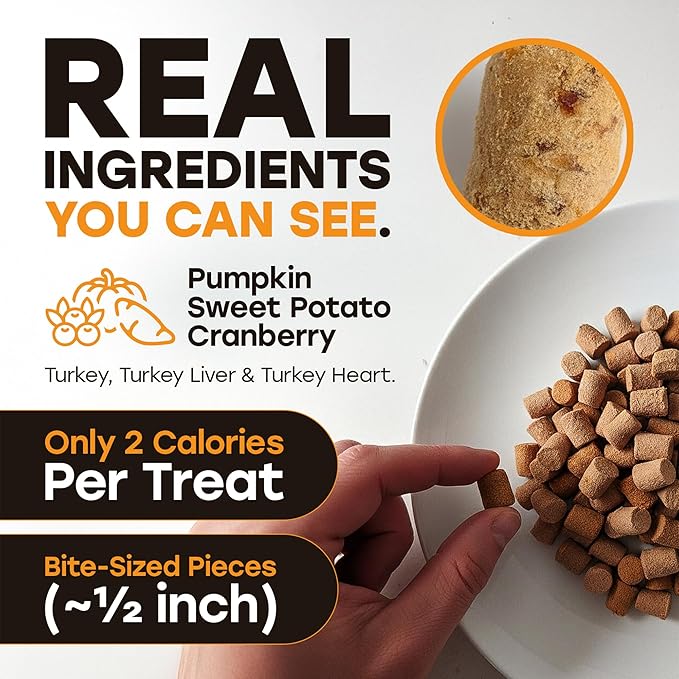 Turkey Day Treats & Meal Topper – Freeze-Dried Turkey Dog Treats, Kibble Mixer with Pumpkin & Sweet Potato – 30% Single Protein, Grain-Free Training Treats – Made in USA, 5.5 oz