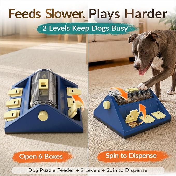 KADTC 2-Level Dog Puzzle Toy Rotating Treat Dispenser for Small/Medium Dogs | L. 4-cup capacity. Longer meals. Adjustable food flow. Burn energy. Beat boredom. Build brainpower. Meals become enrichment.