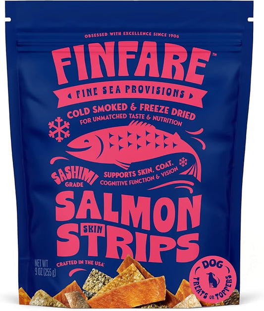 Finfare Freeze Dried Salmon Skin Treats for Dogs, Protein & Omega-3s, Grain Free Salmon Dog Training Treats, Crafted in USA, Strips - 9oz