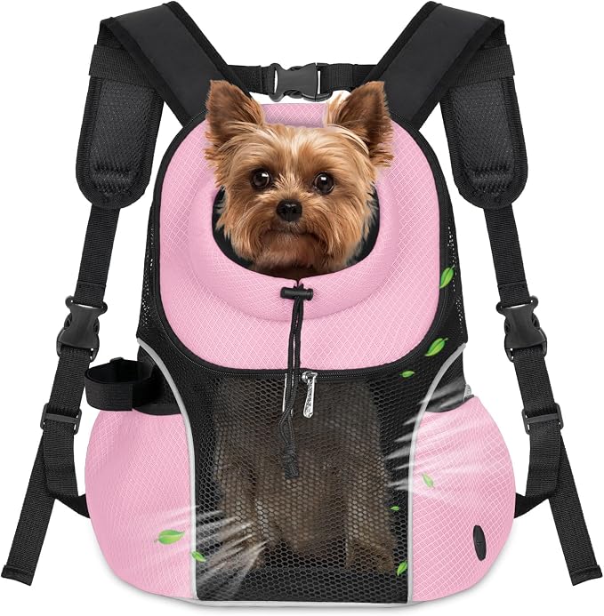 WOYYHO Pet Dog Carrier Backpack, Ventilated Mesh Small Dog Front Backpack | Breathable Puppy Back Pack, with Safety Belt, Storage Pockets, for Travel Hiking Cycling Outdoor Adventures, Pink, L