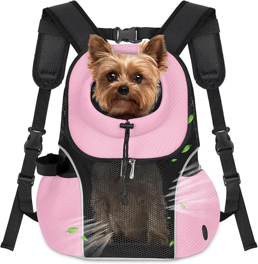 WOYYHO Pet Dog Carrier Backpack, Ventilated Mesh Small Dog Front Backpack | Breathable Puppy Back Pack, with Safety Belt, Storage Pockets, for Travel Hiking Cycling Outdoor Adventures, Pink, L