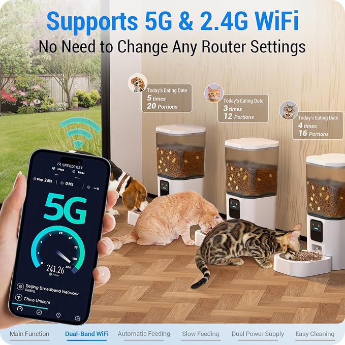 Automatic Cat Feeder with 5G WiFi: Automatic Dog Feeder with Slow Feed & Smart APP Control, 7L Timed Auto Cat Food Dispenser with Alexa for Pets, Detachable for Easy Cleaning - 29 Cups
