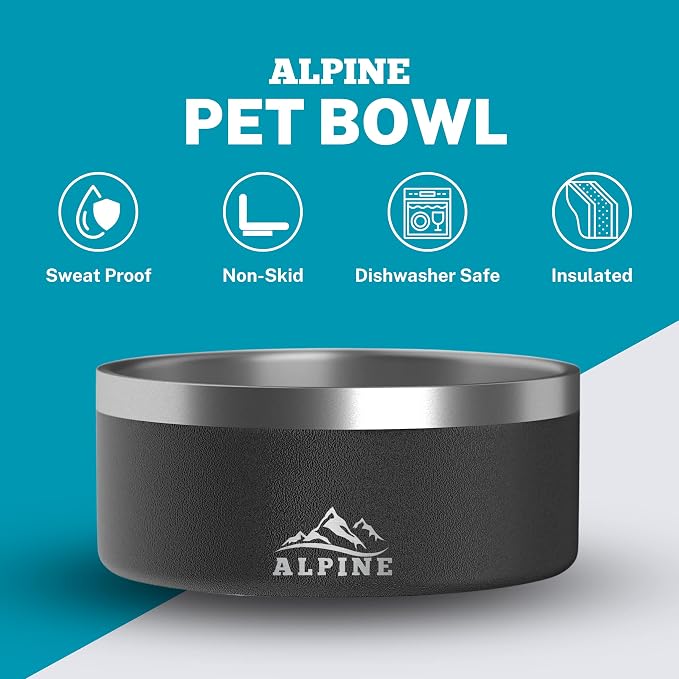 Alpine Set of 2 Stainless Steel Dog Bowls, Non Slip, Metal Pet Bowl for Food and Water, Double Walled Insulated, Rustproof, Dishwasher Safe - Black (AB)