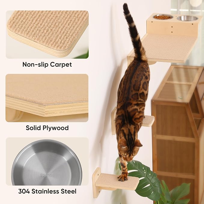 FUKUMARU Cat Wall Shelves, Food Station with 2 Steps | 3 in 1 Cats Walls Furniture Set, Birch Plywood Perch, Suitable for Kitten Play, Nap, Eat, DIY Wall Jungle Gym
