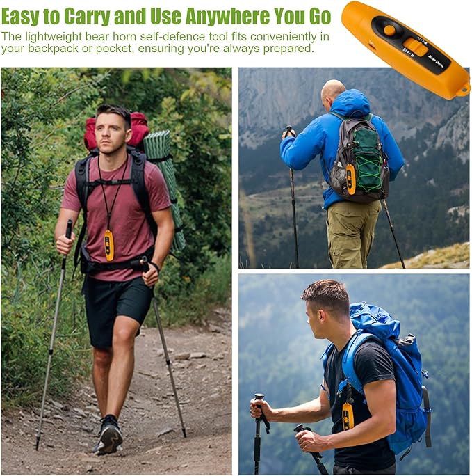 120±5 dB Rechargeable Bear Horn, Electronic Air Horn for Bears with 4 Volume Levels & 3 Tones, Whistle Bear Bells LED Safety Light for Hiking Camping Emergency, Wildlife Defense