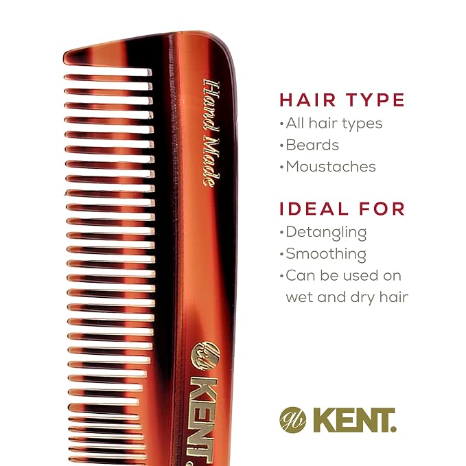 Kent R7T Double Tooth Comb, Fine/Wide Tooth for Hair, Beard and Mustache Grooming, Coarse/Fine for Men, Women and Kids - Saw Cut, Hand Polished, Handmade in England (3 pack)