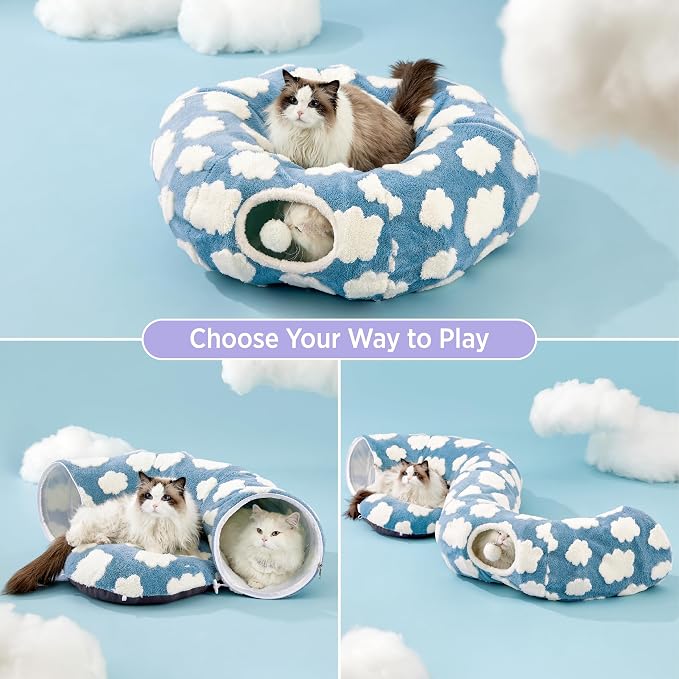 Lesure Donut Cute Jacquard Cat Tunnel Bed Kitten Toys for Puppy Bunny | 33.5x33.5x10in,Round Cat Bed Tube for Indoor Cats Rabbit Dog,Pet Peekaboo Cave Toy,Spiral Hideaway,Washable Cushion,Blue