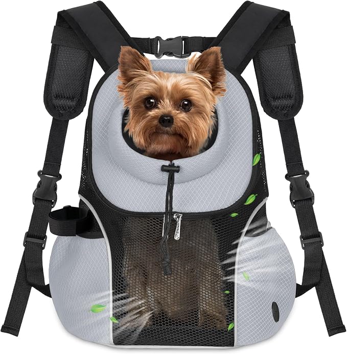 WOYYHO Pet Dog Carrier Backpack, Ventilated Mesh Small Dog Front Backpack | Breathable Puppy Back Pack, with Safety Belt, Storage Pockets, for Travel Hiking Cycling Outdoor Adventures, Grey, L