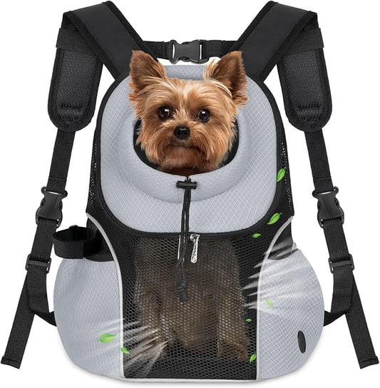 WOYYHO Pet Dog Carrier Backpack, Ventilated Mesh Small Dog Front Backpack | Breathable Puppy Back Pack, with Safety Belt, Storage Pockets, for Travel Hiking Cycling Outdoor Adventures, Grey, L