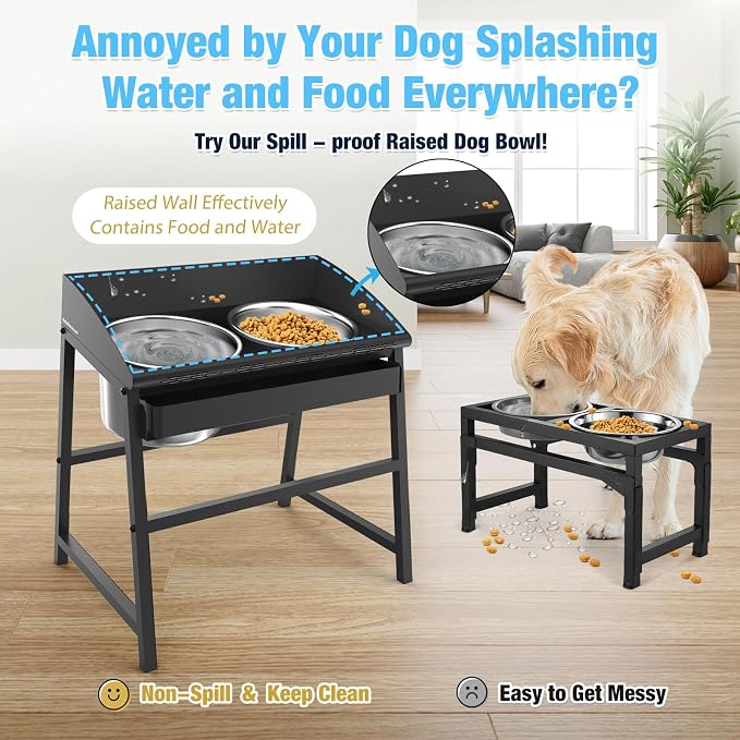 Spill Proof Tilted Elevated Dog Bowls for Large Breed, 15“ Tall Raised Dog Bowl with Stand, Stainless Steel Dog Food Bowl & Water Bowl Set for Indoor & Outdoor Use, Easy Clean Large Dog Bowl Dog Dish