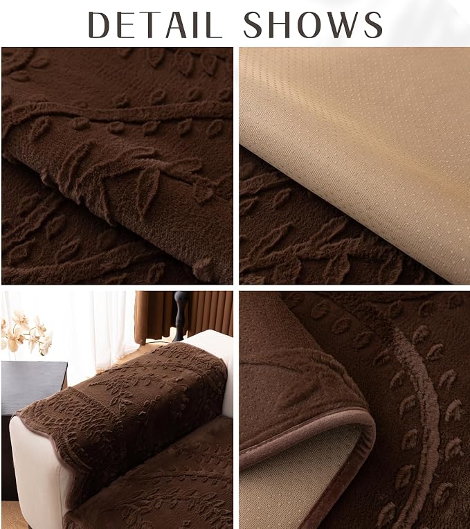 Fuzzy Rabbit Plush Sofa Cover Cozy Warm Sofa Couch Covers with 3D Jacquard Leaf Pattern Non-Slip Easy-to-Install Shaggy Sofa Slipcover Prefect for Kids Dogs Cats Cats(Caramel,36"x63")