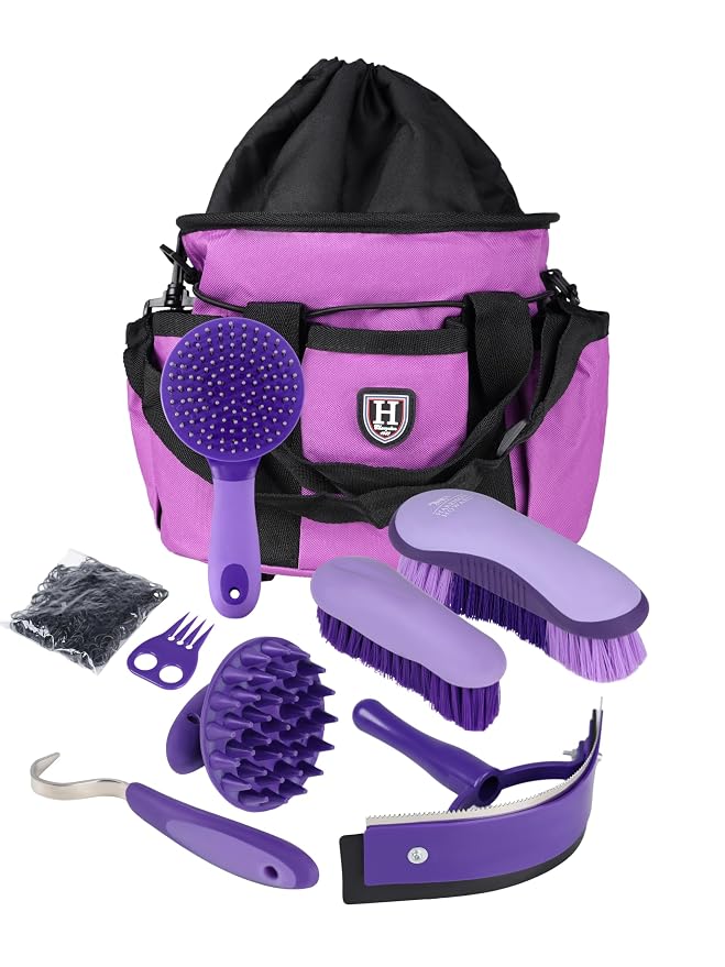 Harrison Howard Horse Grooming Brushes Kit 7 pieces with Organizer Tot Equine Care Series Horse Brush Sets New Purple