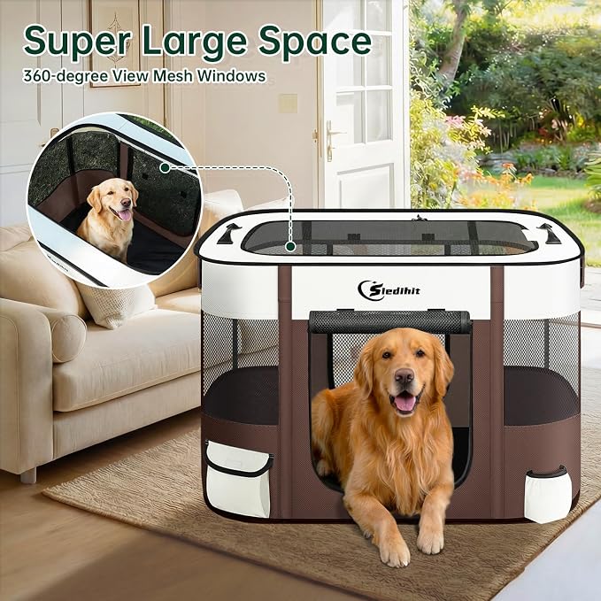 Siedihit 35" Dog Playpen,Cat Puppy Pen, Pet Portable Crate Indoor Outdoor | Durable Travel Camping Use,Foldable Dog Kennel Tent Cage for Rabbit Small Animals with Carrying Case(Brown, Large)