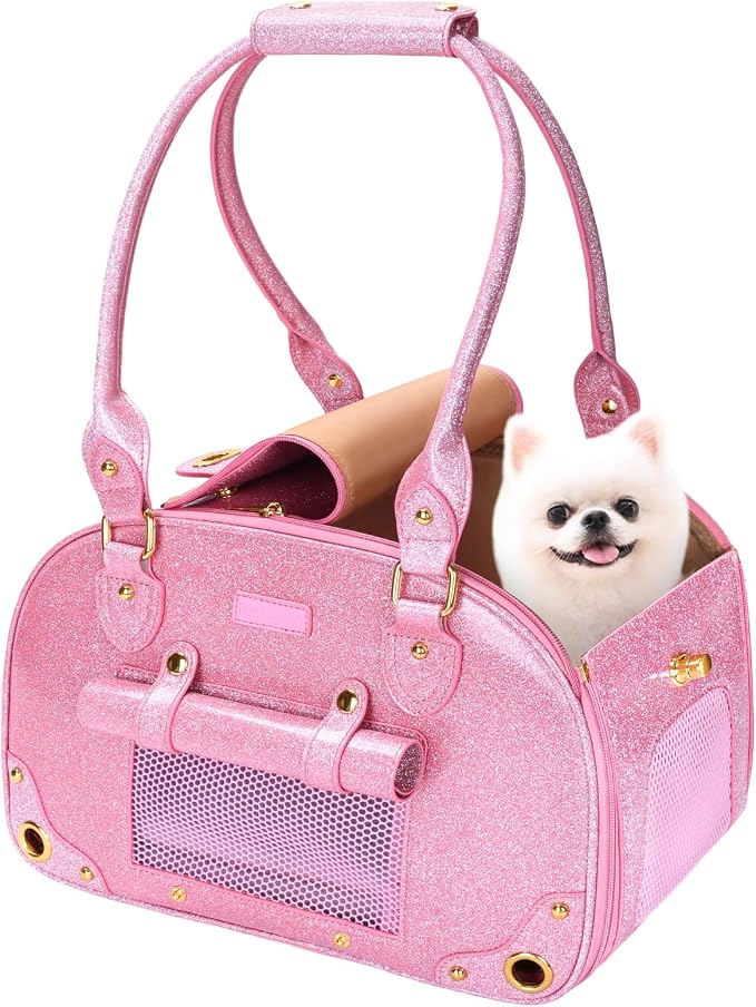 Dog Carrier Purse, Pet Carrier, Bling Waterproof Premium Leather Pet Travel Portable Bag Carrier for Cat and Small Dog Home & Outdoor Small Bling Pink