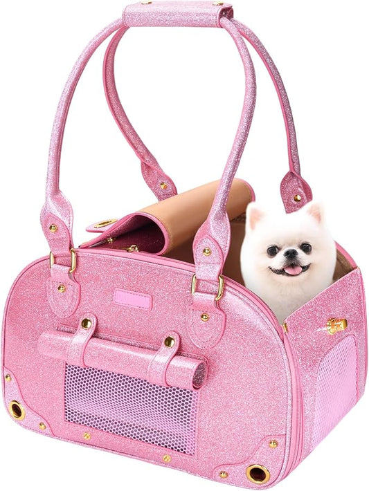 Dog Carrier Purse, Pet Carrier, Bling Waterproof Premium Leather Pet Travel Portable Bag Carrier for Cat and Small Dog Home & Outdoor Small Bling Pink