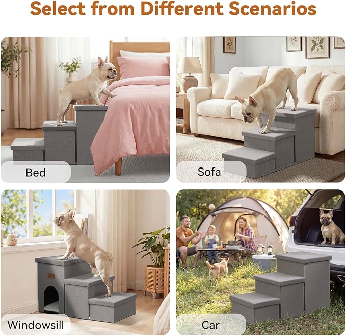 Zerbuger Dog Stairs with Storage, Grey 3 Steps Dog Ramp with Condo for Bed | 18" H Wider Dog Steps for High Beds Couch, Folding Storage Pet Stairs Gift for Climbing Small/Medium/Large Old Dogs Cats