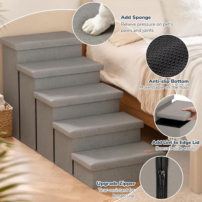 5-Step Wide Dog Stairs with Storage 23" H, Non-Slip Sturdy Pet Steps for High Bed Couch Window, Pet Stairs for Small/Medium/Large Old Dogs Cats Up to 260lbs, Cat Dog Steps for Car/SUV, Grey