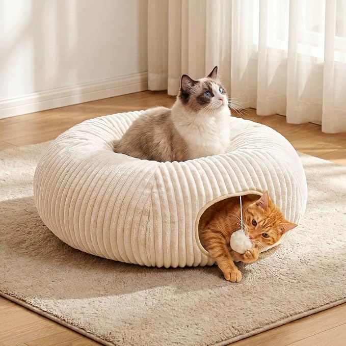 Cat Tunnel Bed with 40 Pcs Interactive Cat Toys, Cat Tube with Kitten Toys for Indoor Kittens, Collapsible Play Tunnel, White